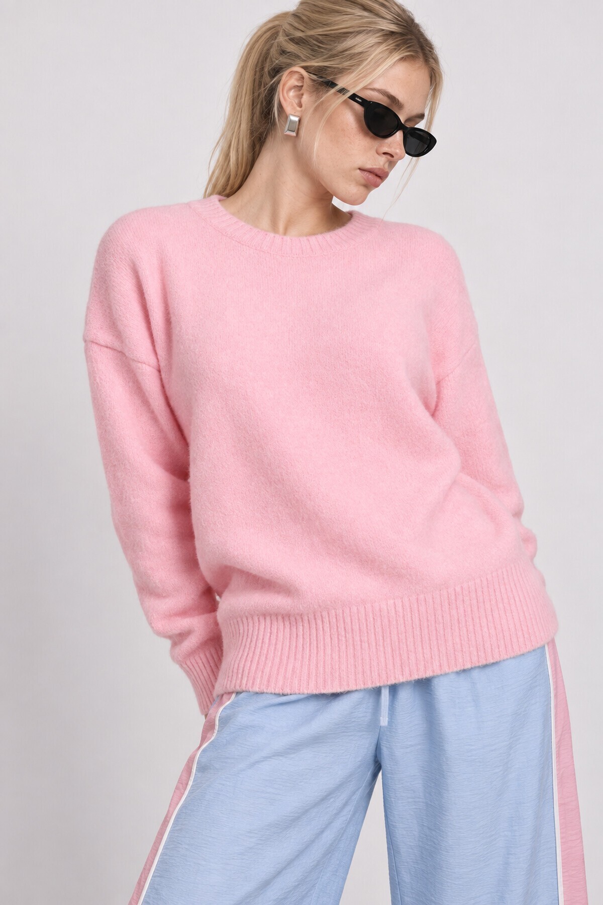 Yün Karışımlı Oversize Triko Kazak 4270 PEMBE LKİ0062
