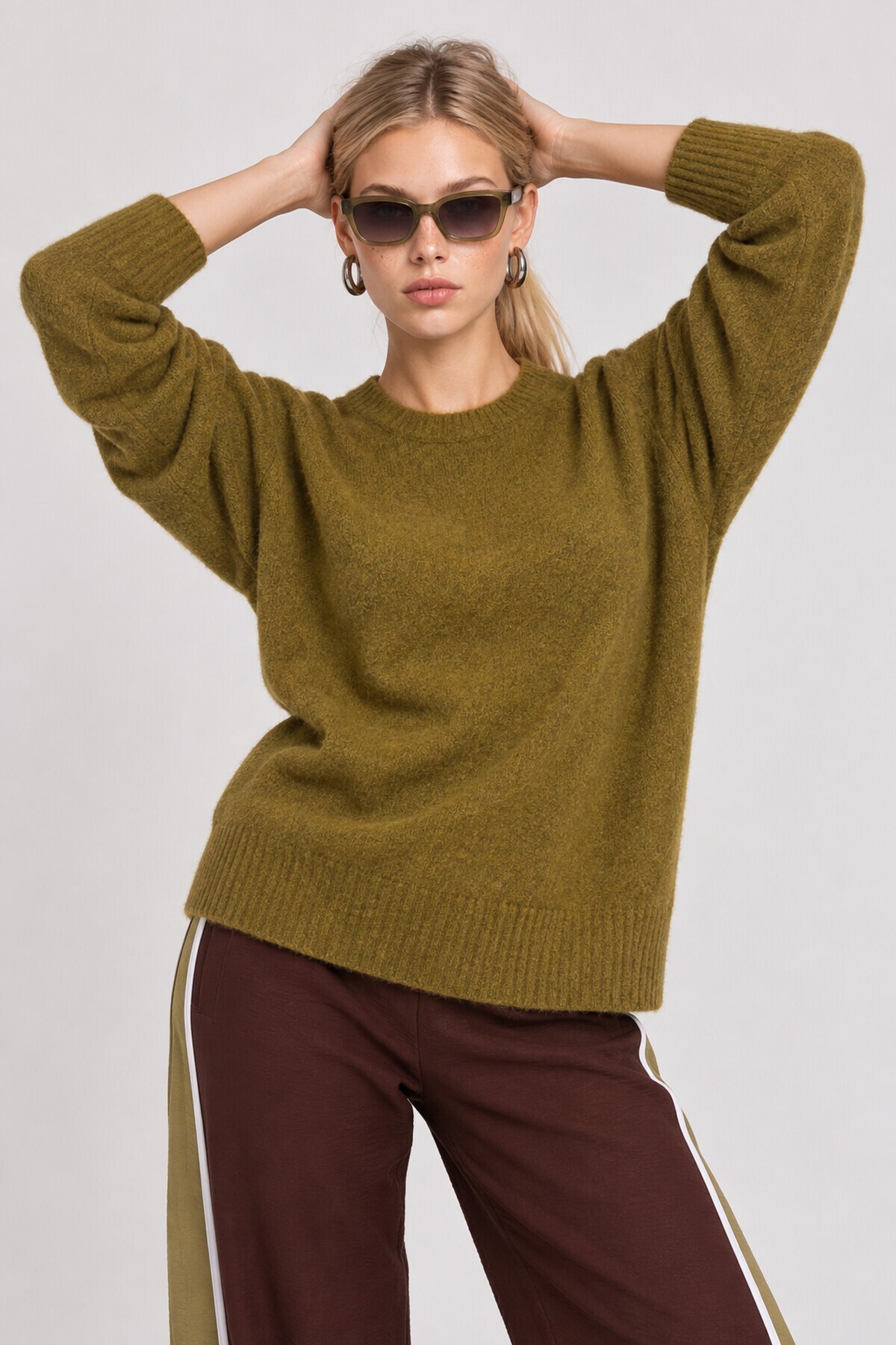 Yün Karışımlı Oversize Triko Kazak 4270 YAĞ YEŞİLİ LKİ0062