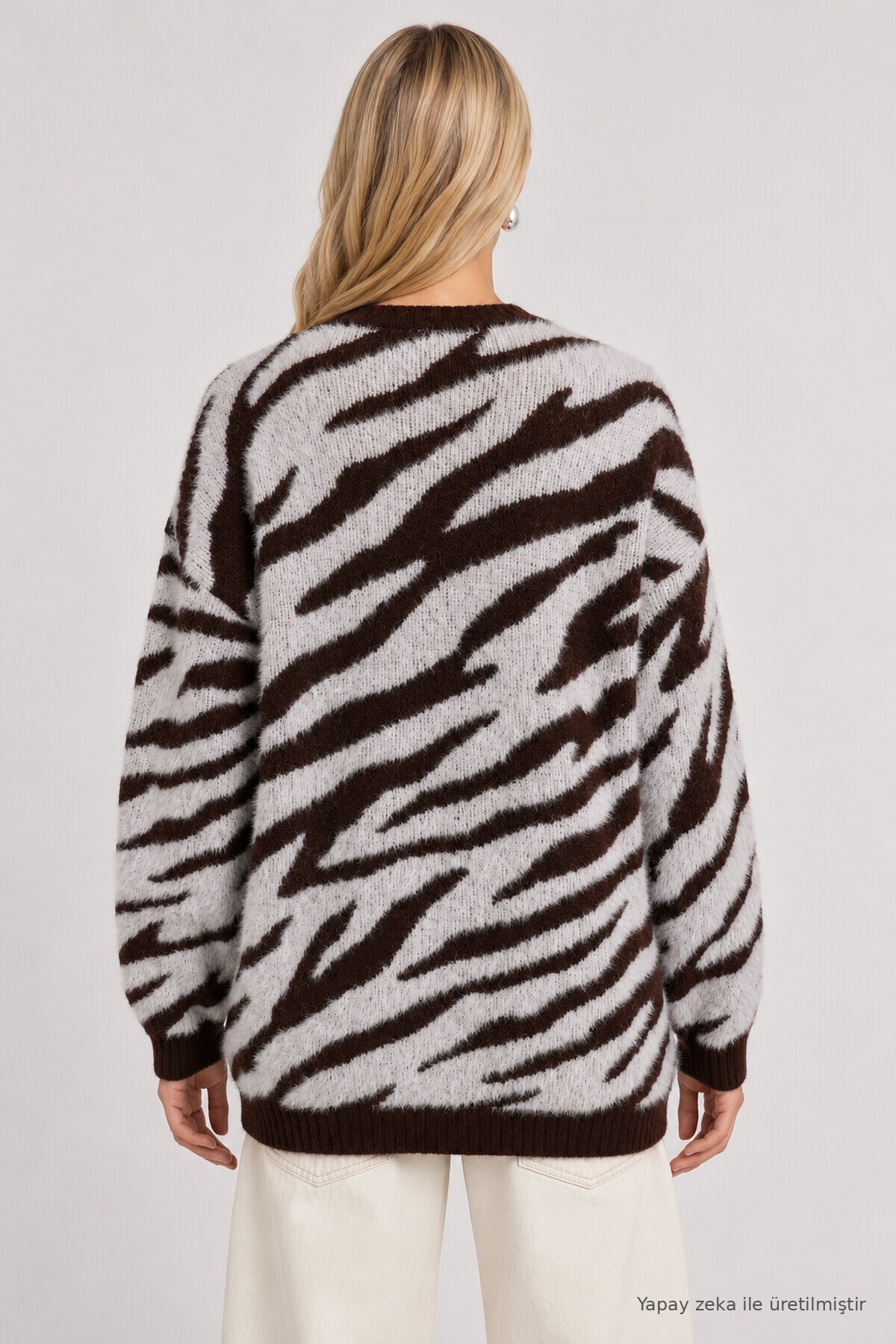 Zebra Desenli Oversize Triko Kazak KAHVERENGİ LAS0017