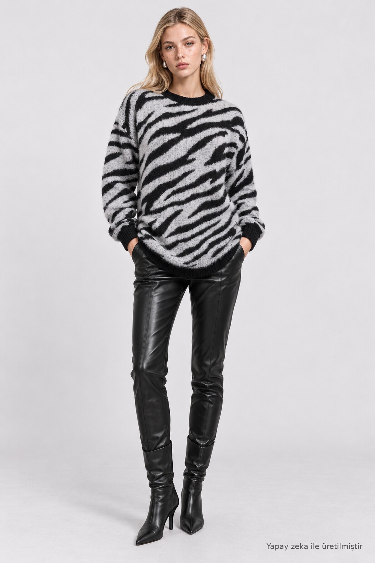 Zebra Desenli Oversize Triko Kazak SİYAH LAS0017