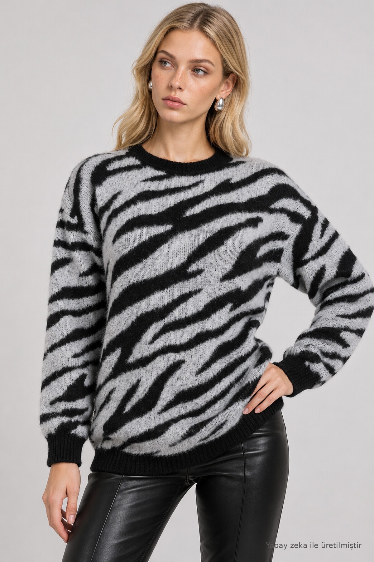 Zebra Desenli Oversize Triko Kazak SİYAH LAS0017