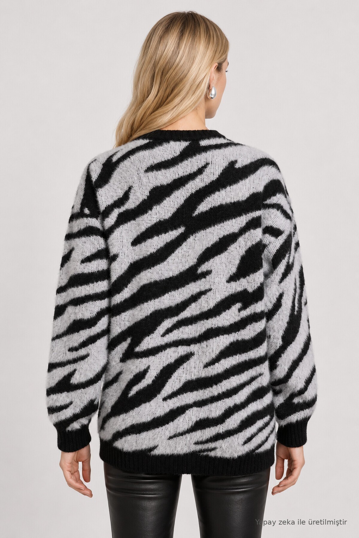 Zebra Desenli Oversize Triko Kazak SİYAH LAS0017