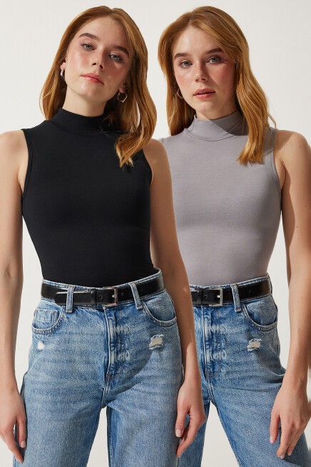 DİK YAKA KOLSUZ 2Lİ PAKET VİSKON ÖRME BLUZ