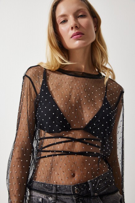 TAŞLI TRANSPARAN ÖRME BLUZ