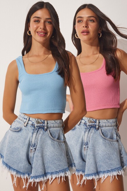 ASKILI CROP 2Lİ PAKET ÖRME BLUZ