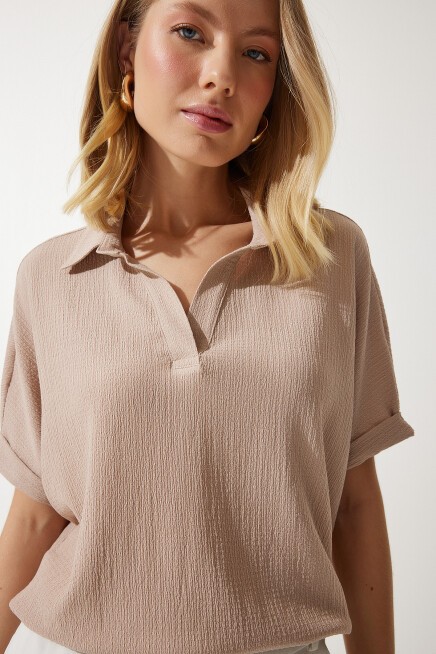 POLO YAKA ÖRME KRİNKIL BLUZ
