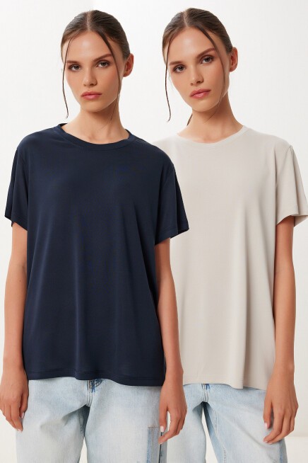2’li Paket Basic Modal Örme T-shirt LACİVERT TAŞ HFN0002