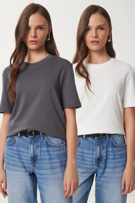 2li Paket Pamuklu Basic Örme T-shirt FÜME BEYAZ LAG0002