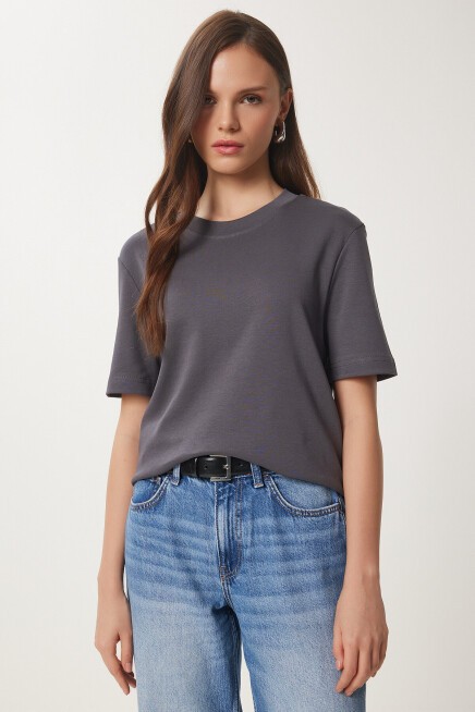 2li Paket Pamuklu Basic Örme T-shirt FÜME BEYAZ LAG0002