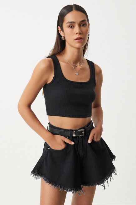 Askılı Crop 2li Paket Örme Bluz SİYAH BEYAZ HGT0001
