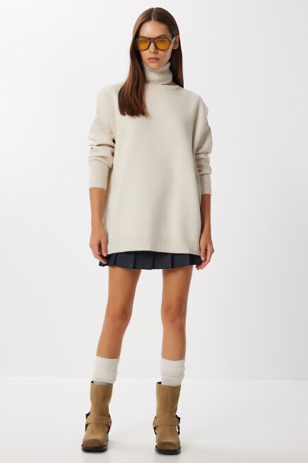 Balıkçı Yaka Oversize Triko Kazak BEJ LBV0011