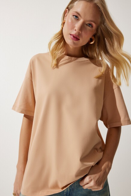 Bisiklet Yaka Kısa Kollu Basic Oversize Örme T-shirt KOYU BEJ LBF0003