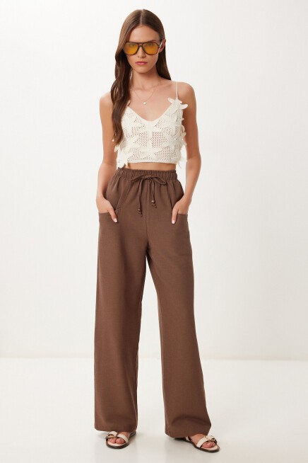 Cepli Geniş Paça Keten Pantolon KAHVERENGİ LBV0062