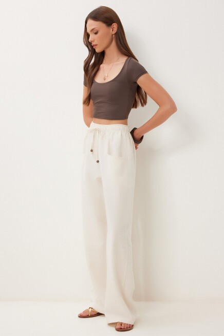 Cepli Geniş Paça Keten Pantolon KREM LBV0062