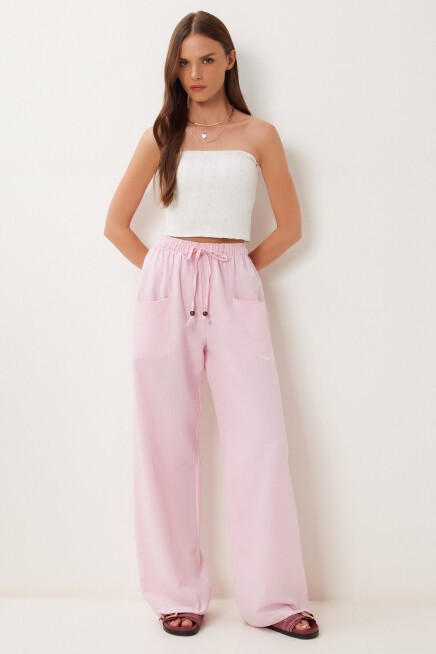 Cepli Geniş Paça Keten Pantolon PEMBE LBV0062