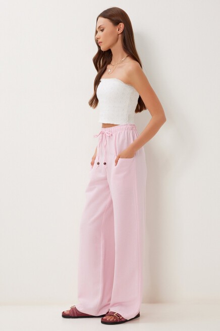 Cepli Geniş Paça Keten Pantolon PEMBE LBV0062