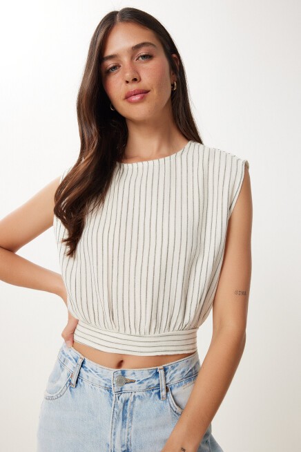 Çizgili Müslin Crop Bluz KEMİK HAKİ HGP0001