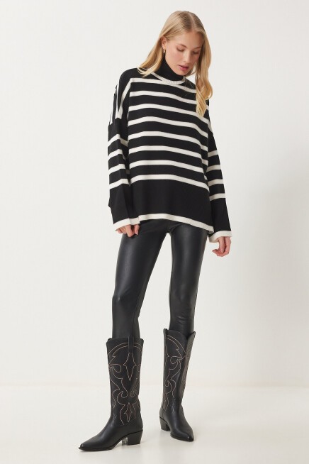 Çizgili Oversize Triko Kazak SİYAH EKRU LBV0053
