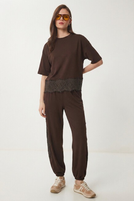 Dantel Detaylı Örme Alt-Üst Takım KAHVERENGİ LAZ0002