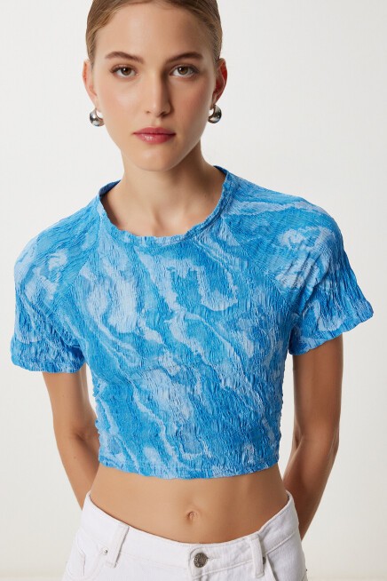 Desenli Crop Krinkıl Bluz GÖK MAVİ LAN0048