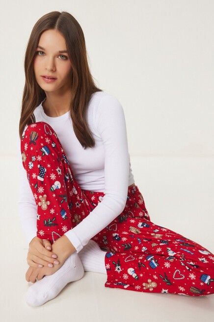 Desenli Yumuşak Dokulu Örme Pijama Altı KIRMIZI BEYAZ LCE0002