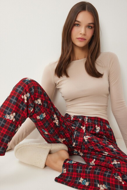 Desenli Yumuşak Dokulu Örme Pijama Altı KIRMIZI SİYAH LCE0002