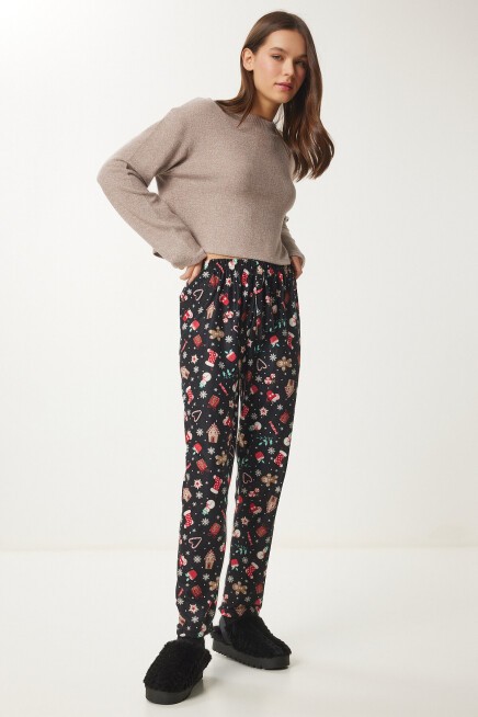 Desenli Yumuşak Dokulu Örme Pijama Altı SİYAH BEJ LCE0002