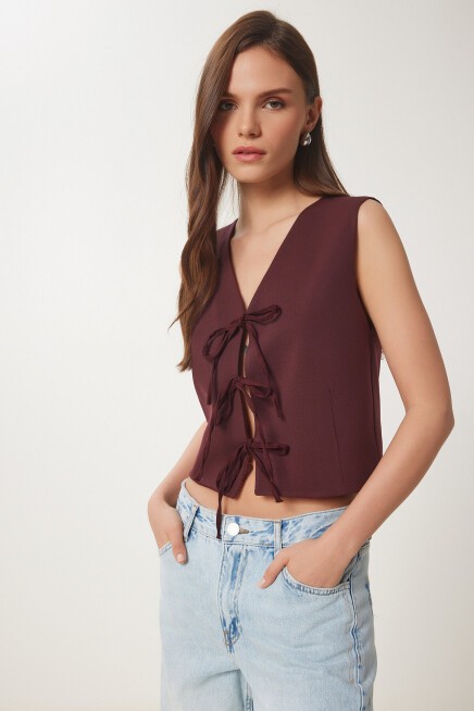 Fiyonk Bağlamalı Dokuma Yelek BORDO LBV0057