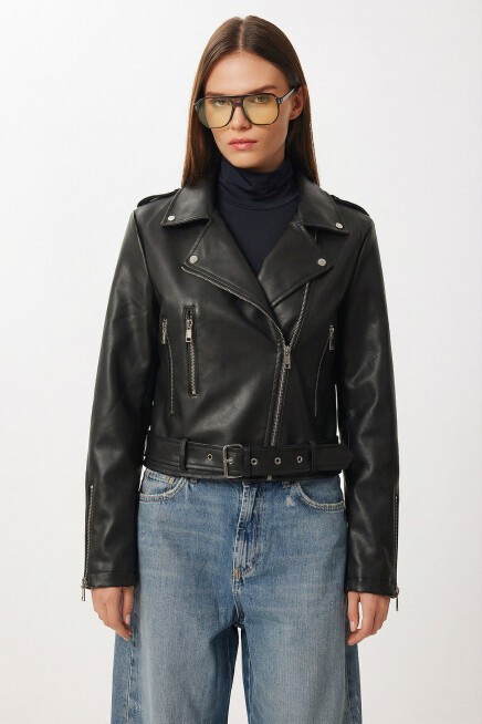 Kemerli Suni Deri Biker Ceket SİYAH LAX0003