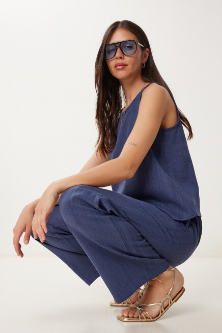 Keten Bluz Pantolon Takım LACİVERT HMC0001