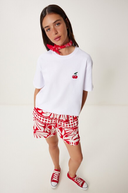 Kiraz Nakışlı Pamuklu Örme T-shirt BEYAZ LAN0033