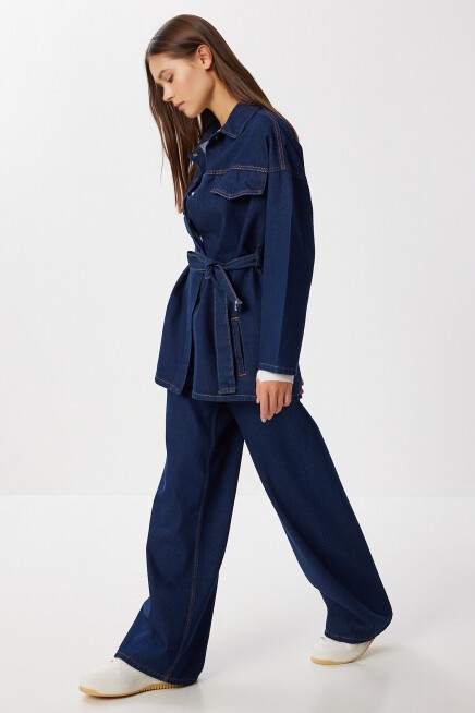 Kuşaklı Denim Ceket Pantolon Takım 1935 KOYU MAVİ LAN0075