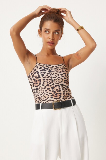 Leopar Desenli İp Askılı Crop Örme Bluz SİYAH BEJ LAN0008