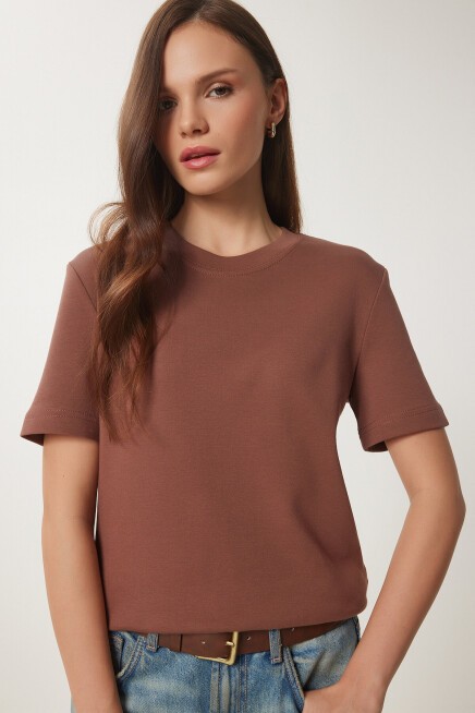 Pamuklu Basic Örme T-shirt KAHVERENGİ LAG0001