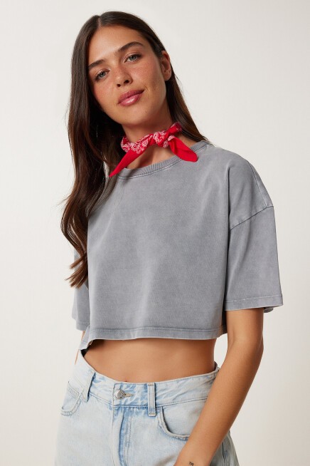 Soluk Efektli Pamuklu Crop Örme T-shirt FÜME LBF0019