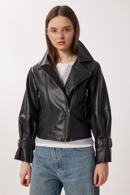 Suni Deri Biker Ceket SİYAH LAX0007