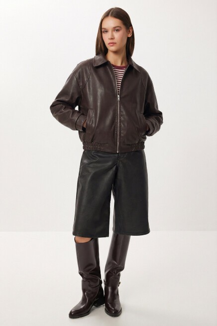 Suni Deri Bomber Ceket KAHVERENGİ LAX0002