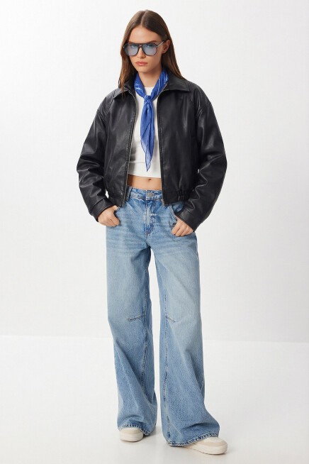 Suni Deri Bomber Ceket SİYAH LAX0002