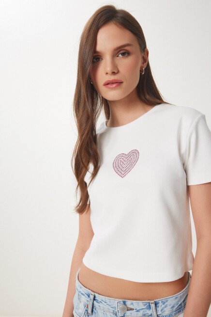 Taşlı Kalp Detaylı Crop Örme T-shirt EKRU LBV0058