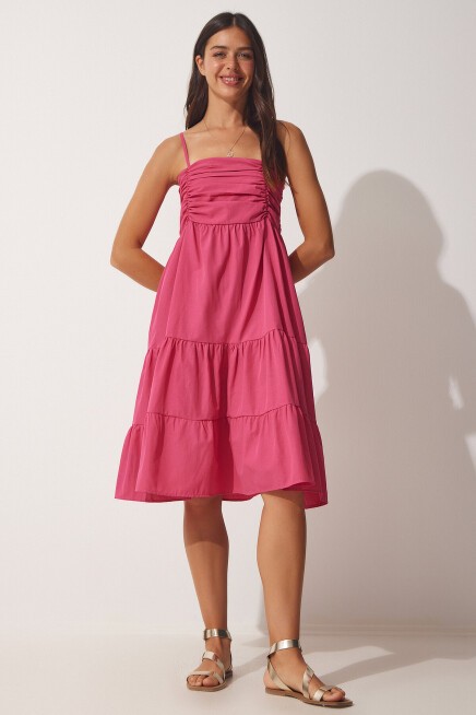Askılı Volanlı Yazlık Poplin Elbise KOYU PEMBE LDD0077