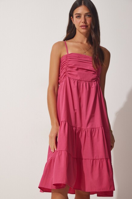Askılı Volanlı Yazlık Poplin Elbise KOYU PEMBE LDD0077