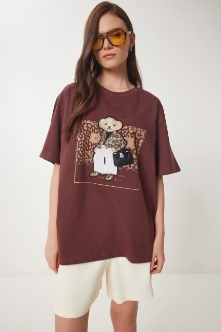 Ayıcık Armalı Pamuklu Oversize Örme T-shirt KAHVERENGİ LCR0038