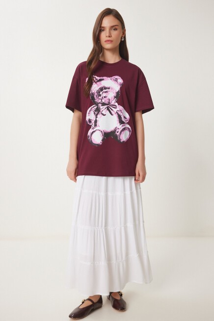 Ayıcık Baskılı Pamuklu Oversize Örme T-shirt BORDO LCR0045