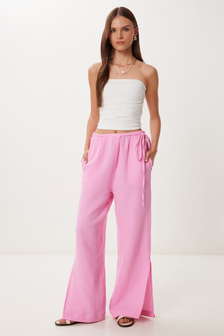 Bağlama Detaylı Yırtmaçlı Müslin Pantolon PEMBE LBV0066