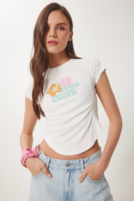 Baskılı Büzgülü Crop Örme T-shirt KEMİK LCR0061