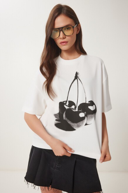 Baskılı Örme T-shirt EKRU LCR0059