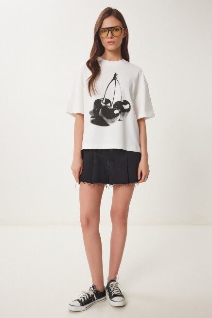 Baskılı Örme T-shirt EKRU LCR0059