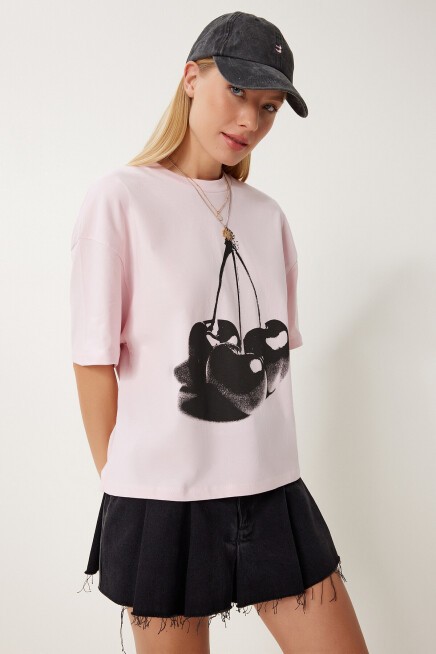 Baskılı Örme T-shirt PEMBE LCR0059