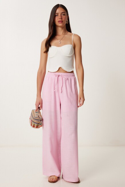 Bol Kesim Keten Pantolon PEMBE LDP0002