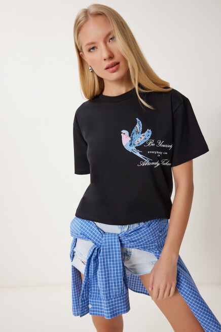 Boncuk Detaylı Baskılı Örme T-shirt SİYAH LCR0072